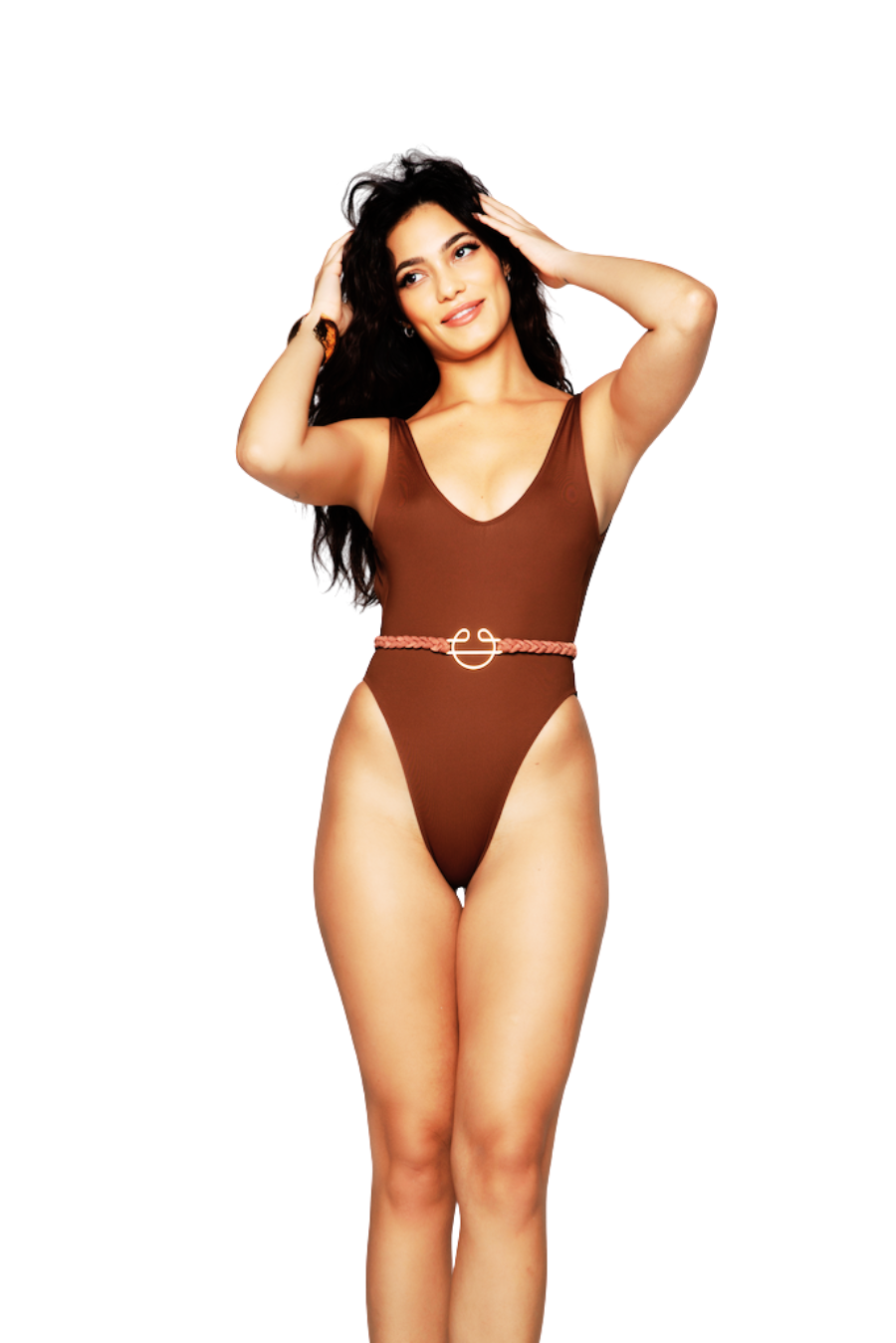 Luxury sculpting chocolate brown bodysuit Cocoraille high-leg design on model